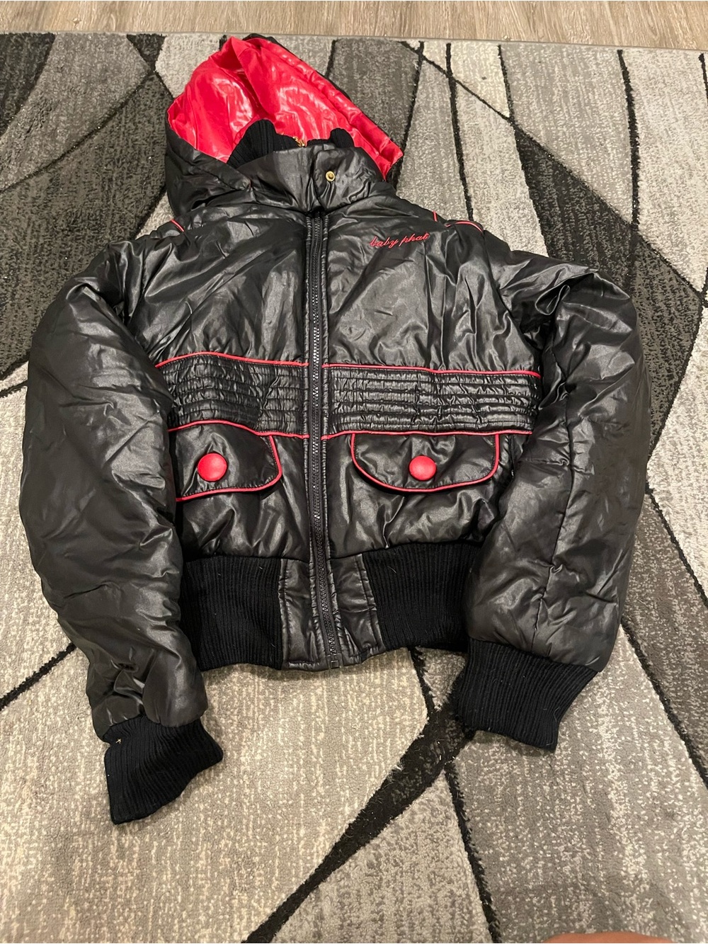 Women Black & Red Puffer Jacket with Hood
